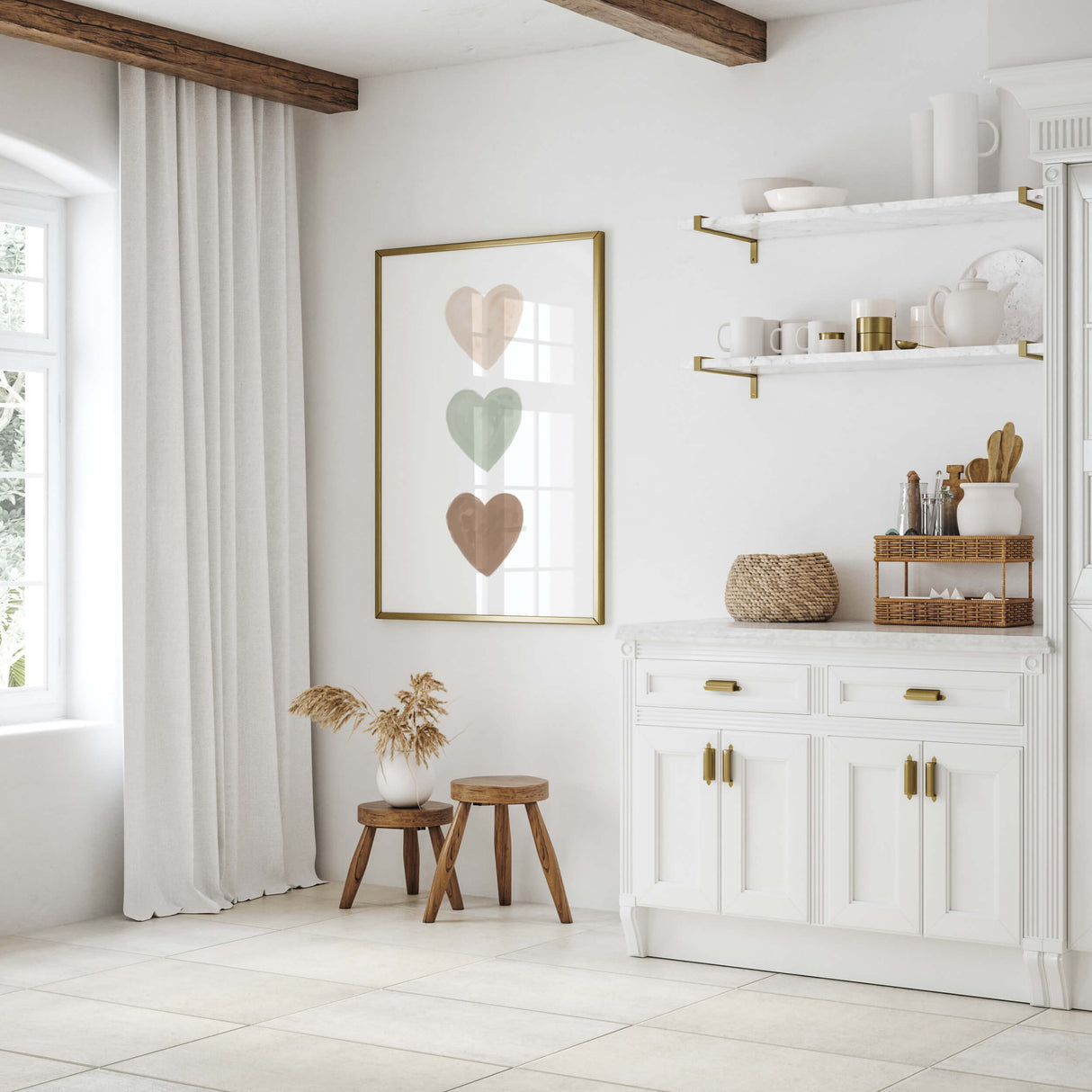 Watercolor hearts printable with beige brown and sage greeen heart for valentine's day decor, girls room decor, love home decor, romantic home decor, neutral nursery decor