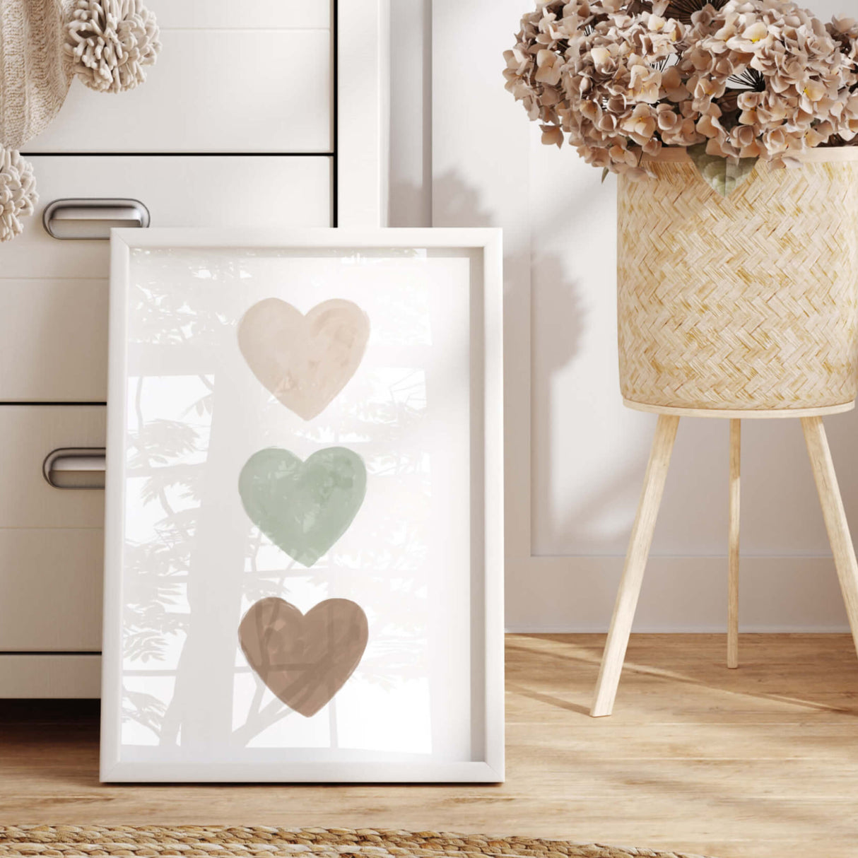 Watercolor hearts print with beige brown and sage greeen heart for valentine's day decor, girls room decor, love home decor, romantic home decor, neutral nursery decor