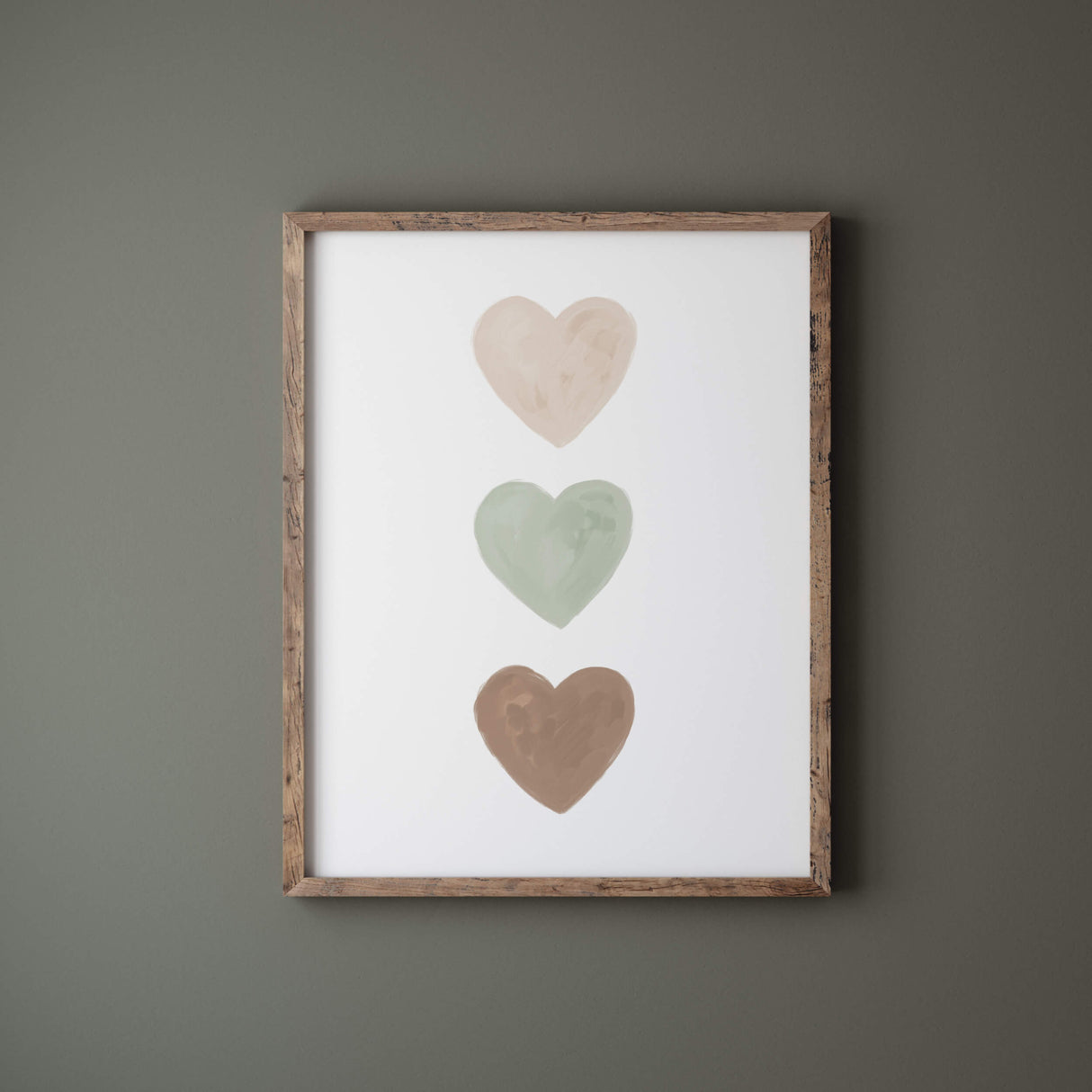 Watercolor hearts poster with beige brown and sage greeen heart for valentine's day decor, girls room decor, love home decor, romantic home decor, neutral nursery decor