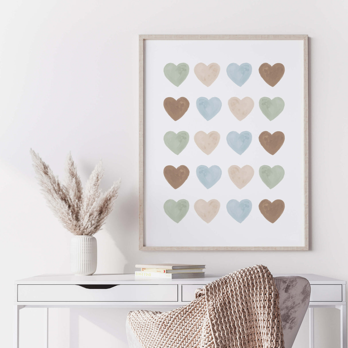 Watercolor hearts printable in blue, beige, sage green, brown color for toddler room decor, boys room decor, neutral home decor, hearts wall decor