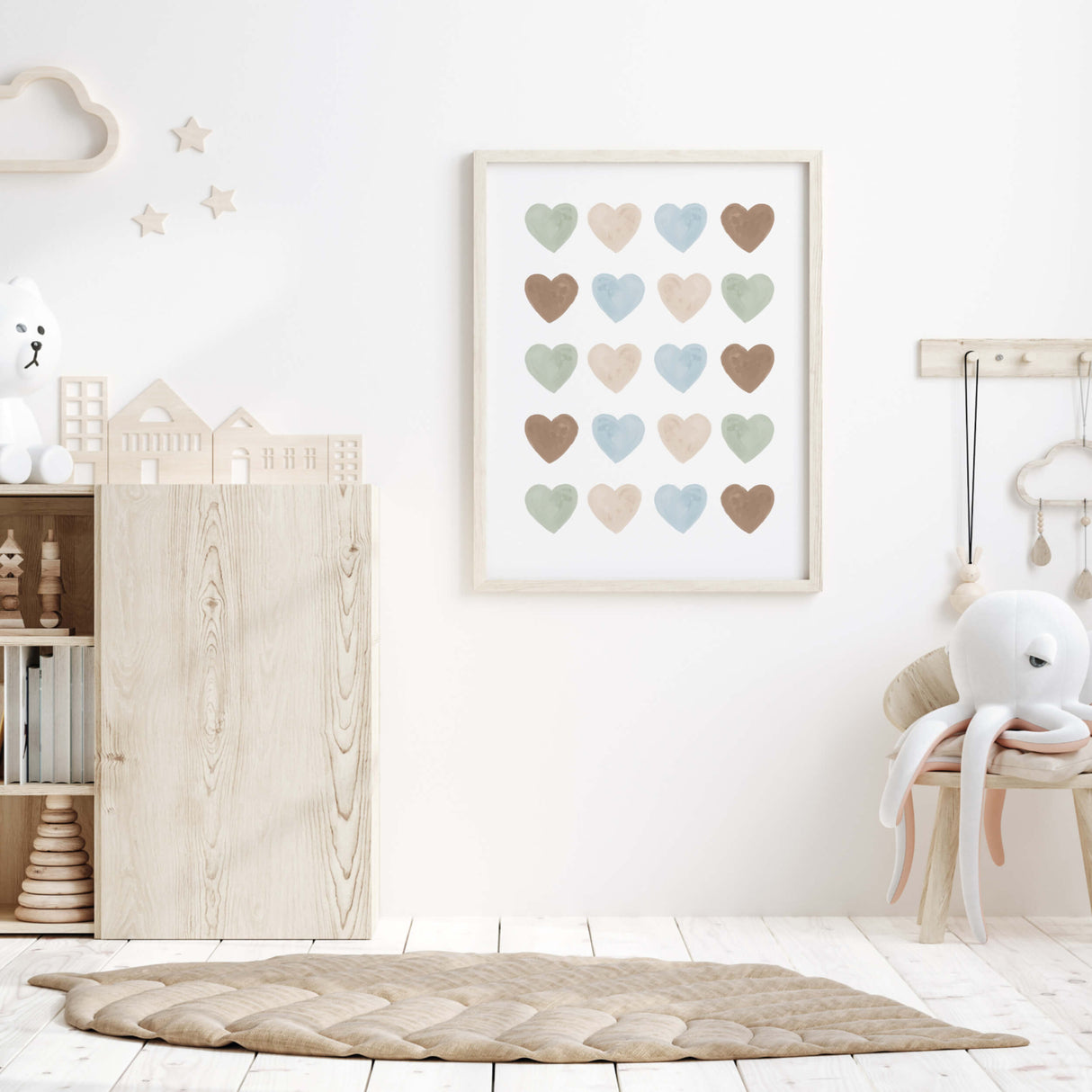 Watercolor hearts poster in blue, beige, sage green, brown color for toddler room decor, boys room decor, neutral home decor, hearts wall decor