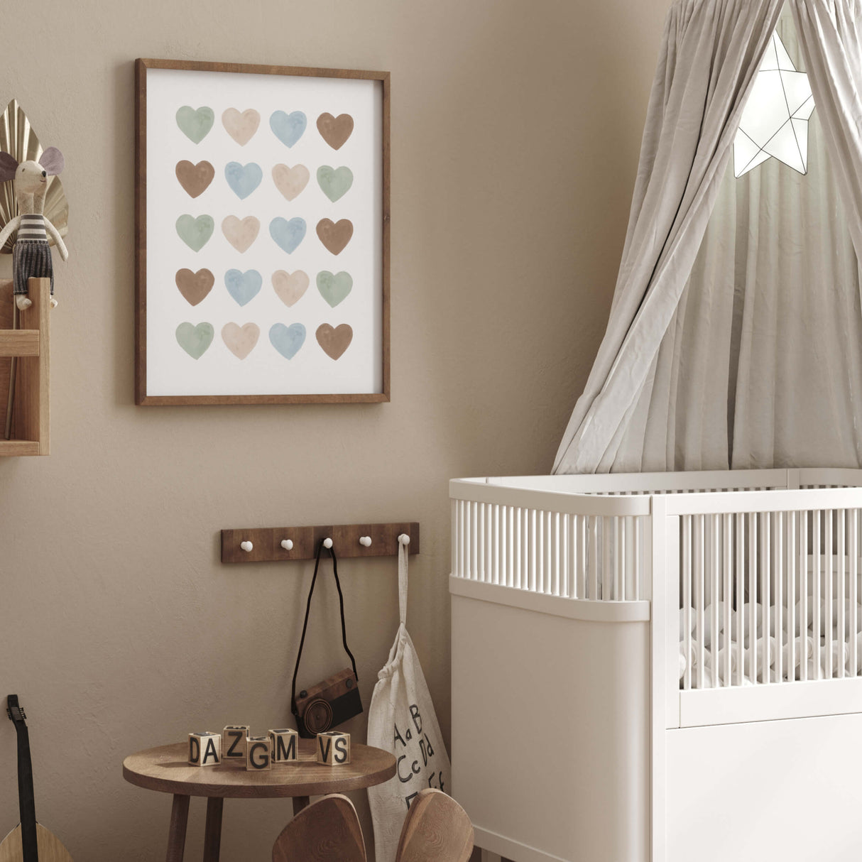 Watercolor hearts printable in blue, beige, sage green, brown color for toddler room decor, boys room decor, neutral home decor, hearts wall decor