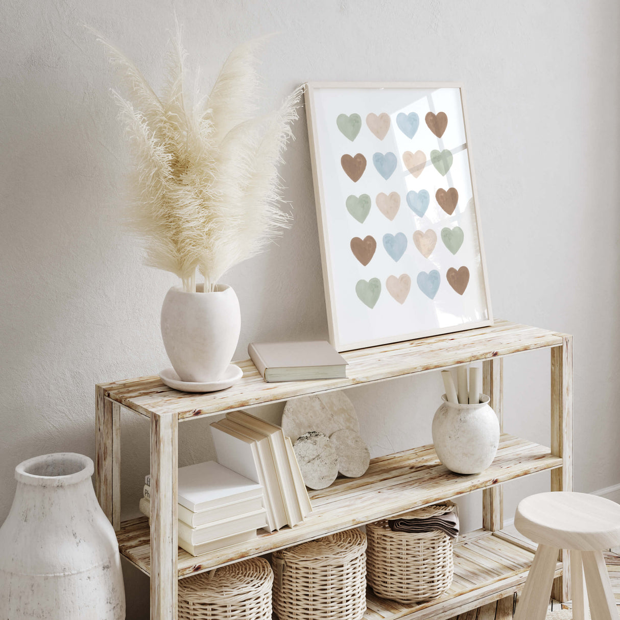 Watercolor hearts print in blue, beige, sage green, brown color for toddler room decor, boys room decor, neutral home decor, hearts wall decor