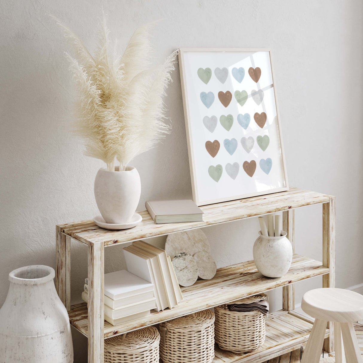 Watercolor hearts poster in blue, gray, sage green, brown color for toddler room decor, boys room decor, neutral home decor, hearts wall decor