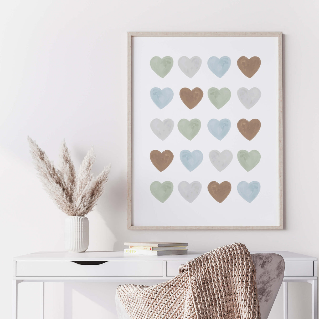 Watercolor hearts printable in blue, gray, sage green, brown color for toddler room decor, boys room decor, neutral home decor, hearts wall decor