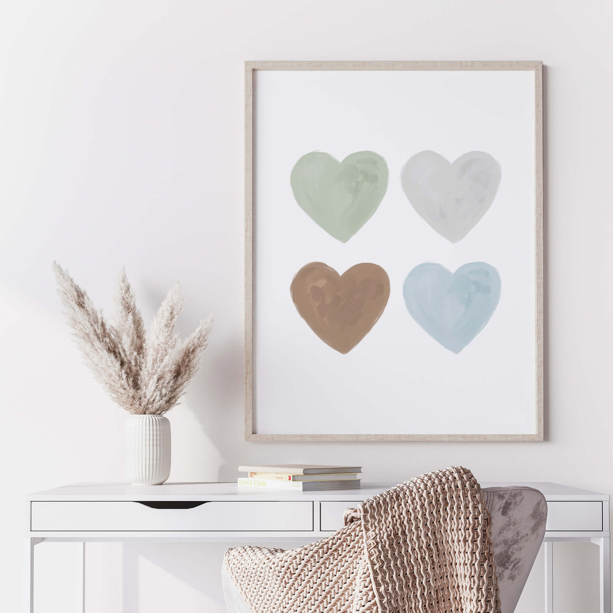 Watercolor hearts printable in blue, gray, sage green, brown color for toddler room decor, boys room decor, neutral home decor, hearts wall decor
