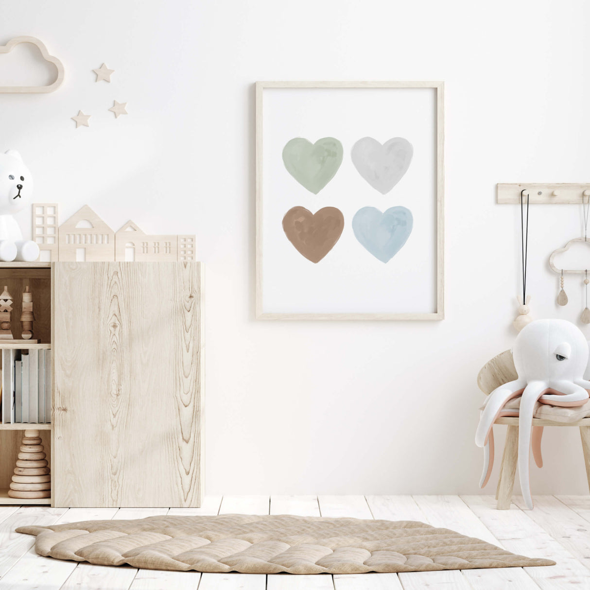 Watercolor hearts poster in blue, gray, sage green, brown color for toddler room decor, boys room decor, neutral home decor, hearts wall decor