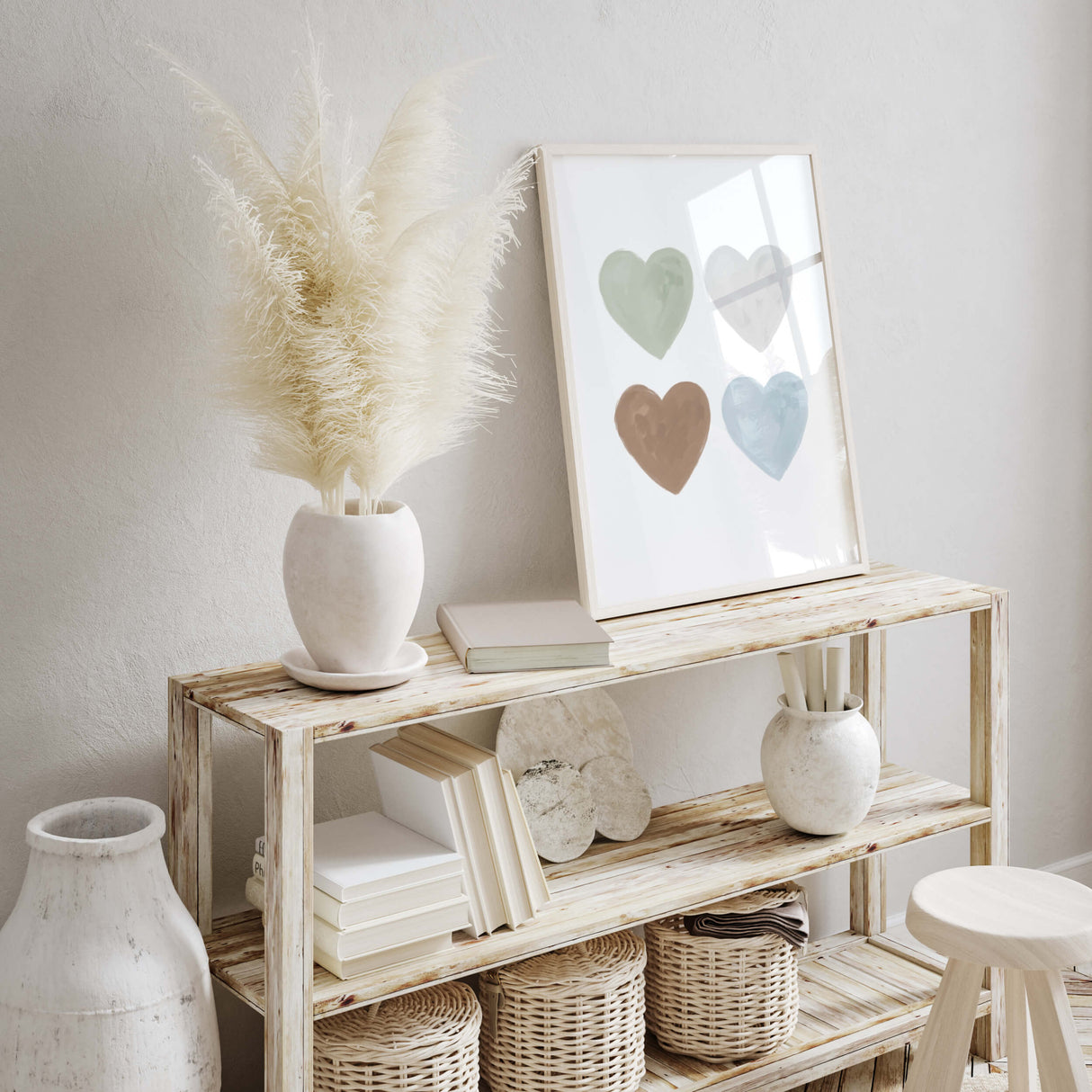 Watercolor hearts print in blue, gray, sage green, brown color for toddler room decor, boys room decor, neutral home decor, hearts wall decor