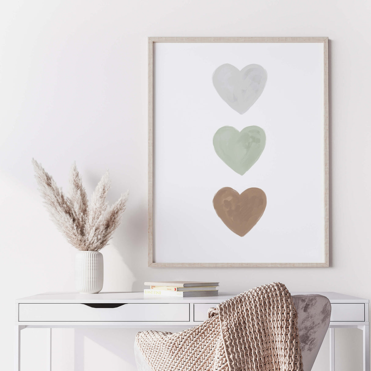 Watercolor hearts print with gray, brown and sage greeen heart for valentine's day decor, girls room decor, love home decor, romantic home decor, neutral nursery decor