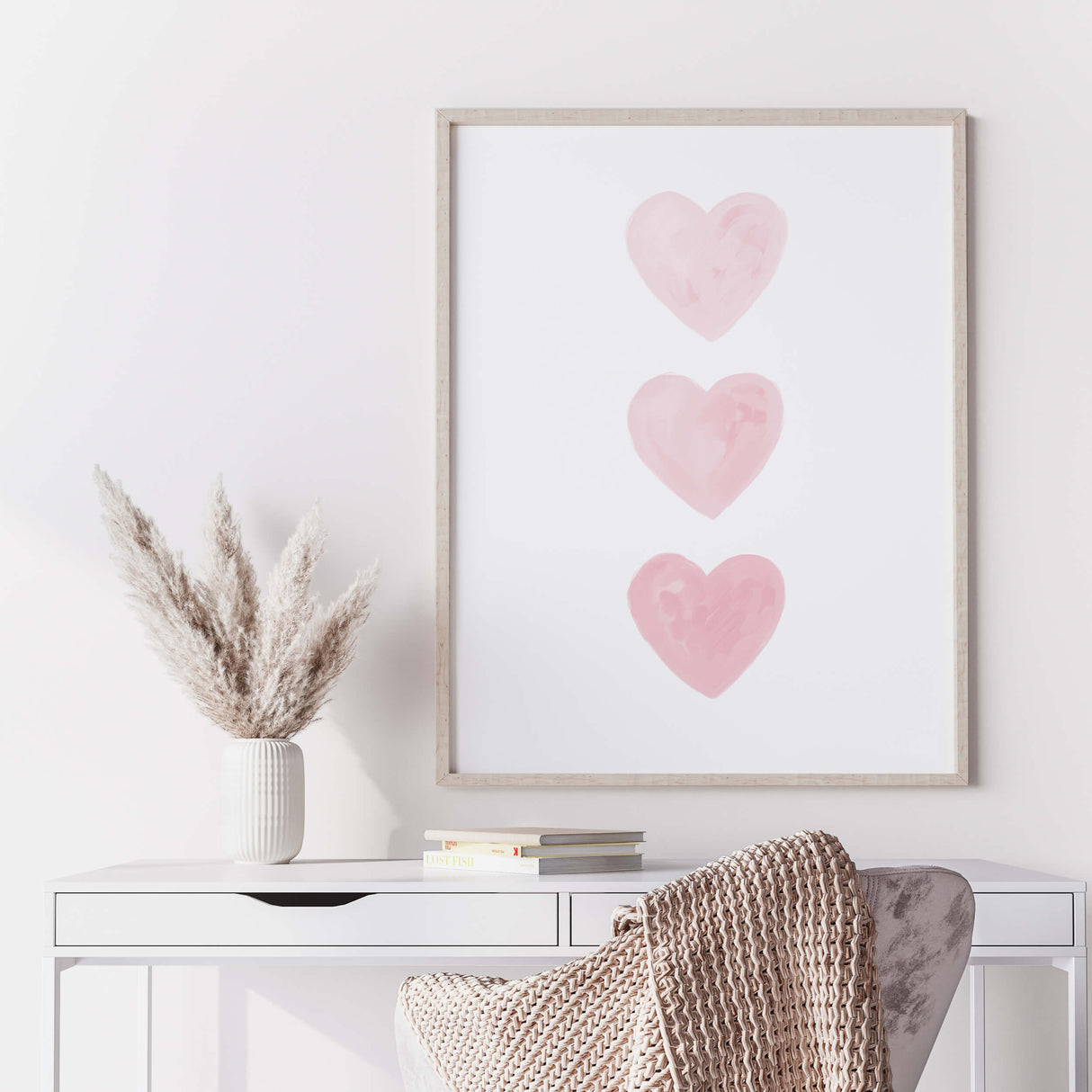Watercolor pink hearts printable for valentine's day decor, girls room decor. love home decor, romantic home decor, beige, brown, pink nursery decor, boho home decor.