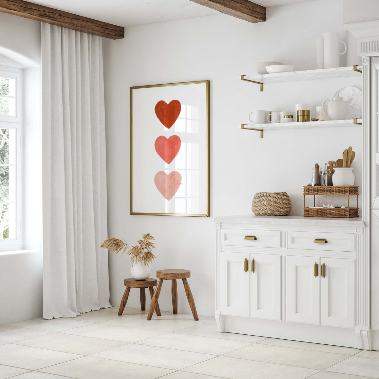 Watercolor hearts print with red and blush heart for valentine's day decor, girls room decor, love home decor, romantic home decor, beige, brown, boho nursery decor, boho home decor.