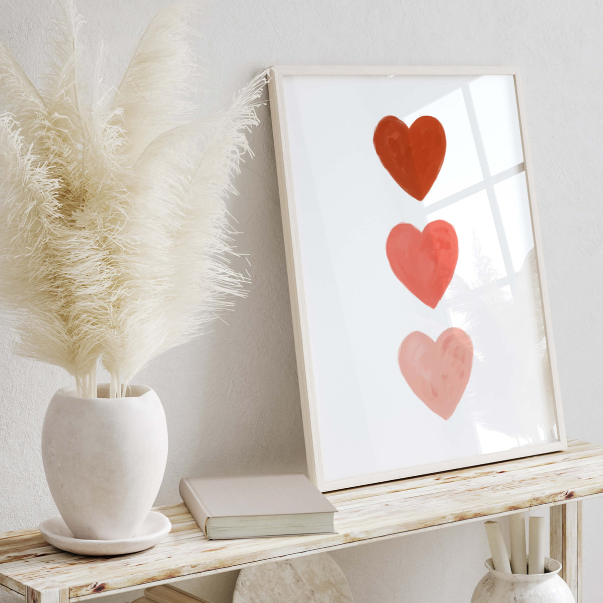 Watercolor hearts printable with red and blush heart for valentine's day decor, girls room decor, love home decor, romantic home decor, beige, brown, boho nursery decor, boho home decor.