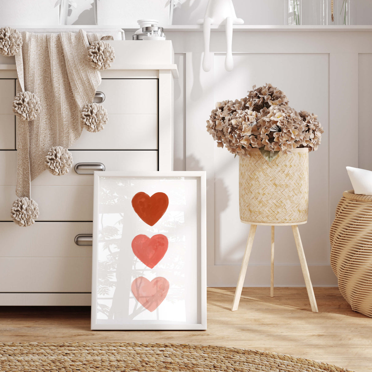 Watercolor hearts print with red and blush heart for valentine's day decor, girls room decor, love home decor, romantic home decor, beige, brown, boho nursery decor, boho home decor.