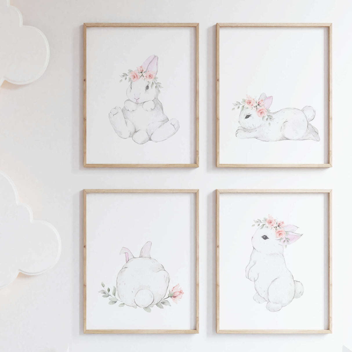 Watercolor bunny printable with bunny tail in white, gray, pink colors for baby girls room decor.