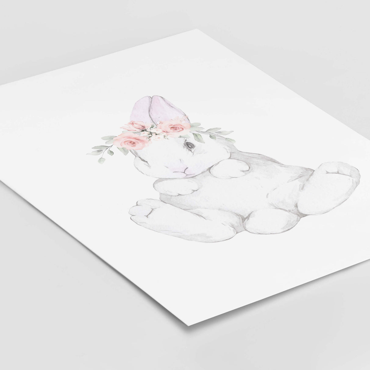 Watercolor bunny poster with bunny tail in white, gray, pink colors for baby girls room decor.