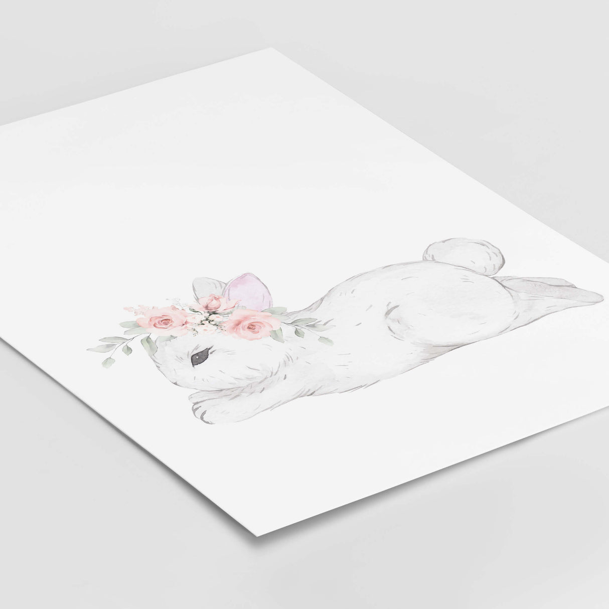 Watercolor bunny print with bunny tail, and pink flower in white, gray, pink colors for baby girls room decor.