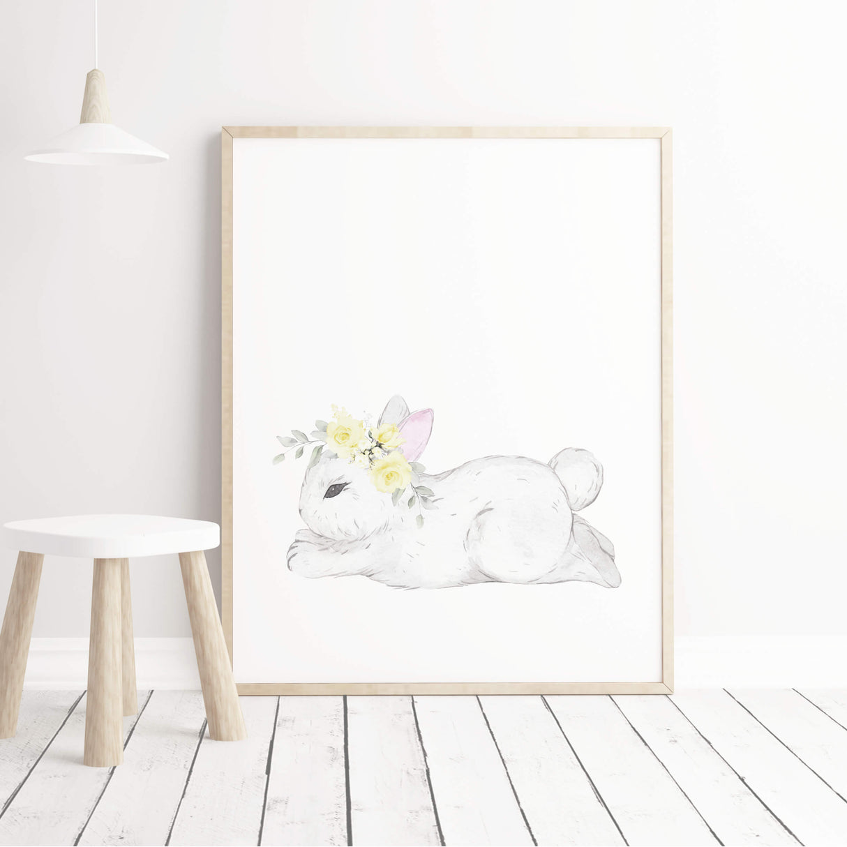 Watercolor bunny printable with bunny tail in white, gray, yellow colors for baby girls room decor, yellow gray nursery decor.