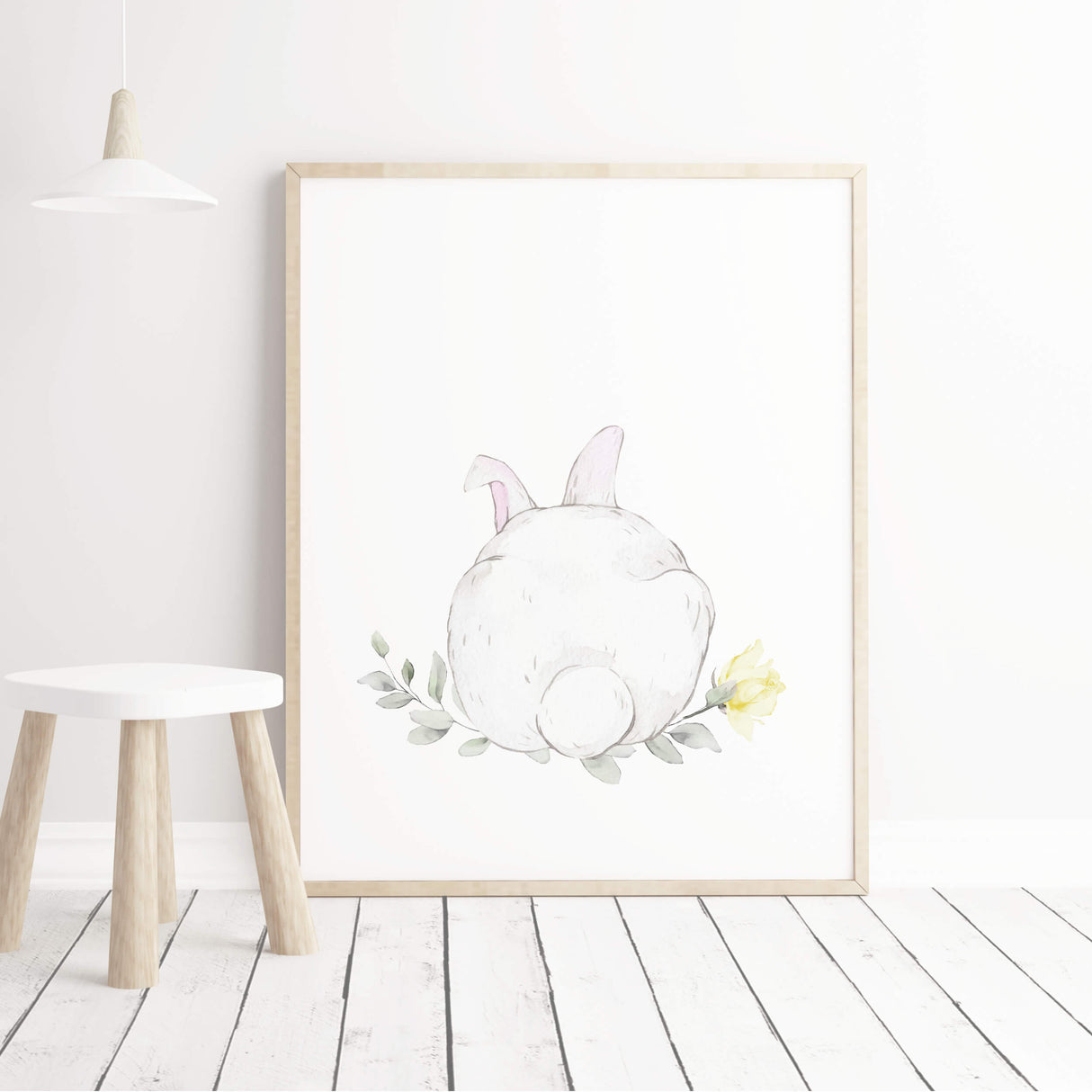 Watercolor bunny print with bunny tail in white, gray, yellow colors for baby girls room decor, yellow gray nursery decor.