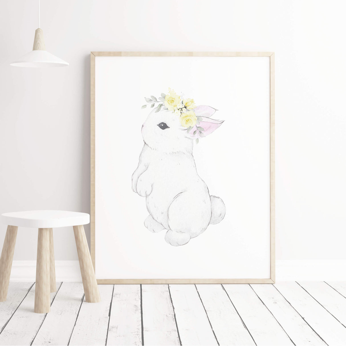 Watercolor bunny printable with bunny tail in white, gray, yellow colors for baby girls room decor, yellow gray nursery decor.
