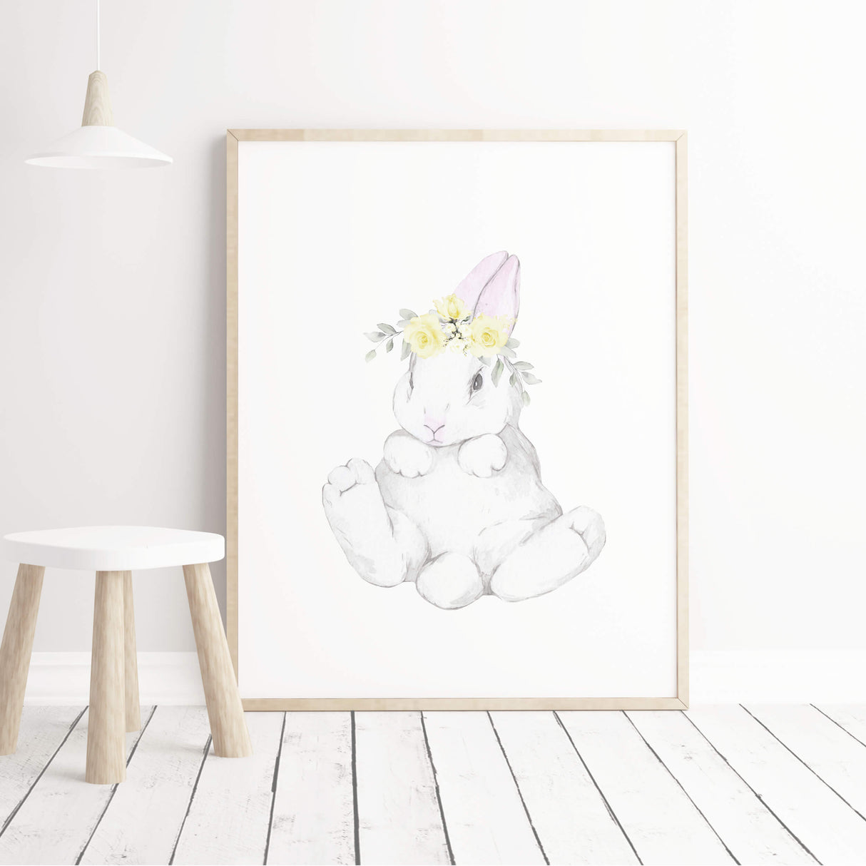 Watercolor bunny poster with bunny tail in white, gray, yellow colors for baby girls room decor, yellow gray nursery decor.