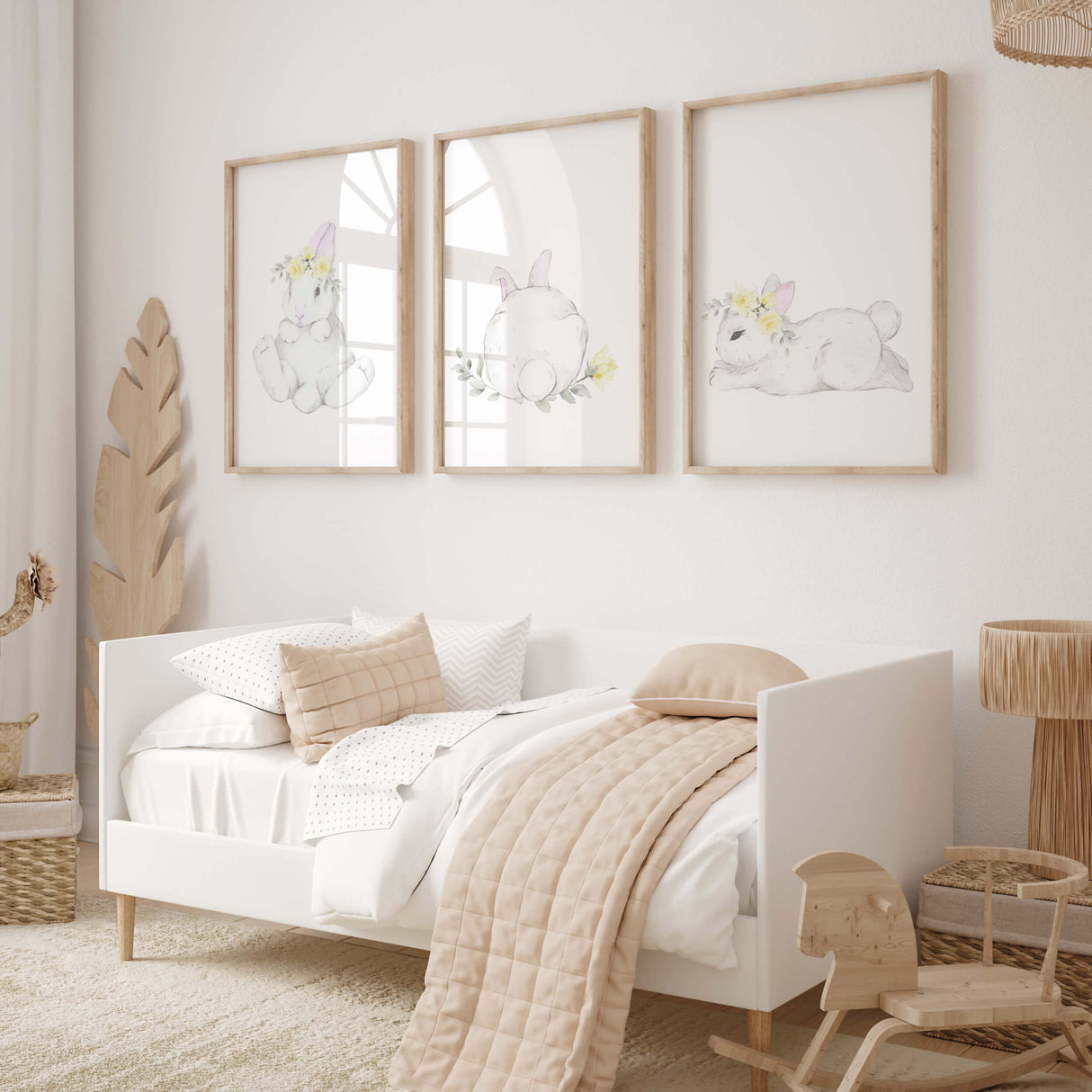 Watercolor bunny print with bunny tail in white, gray, yellow colors for baby girls room decor, yellow gray nursery decor.