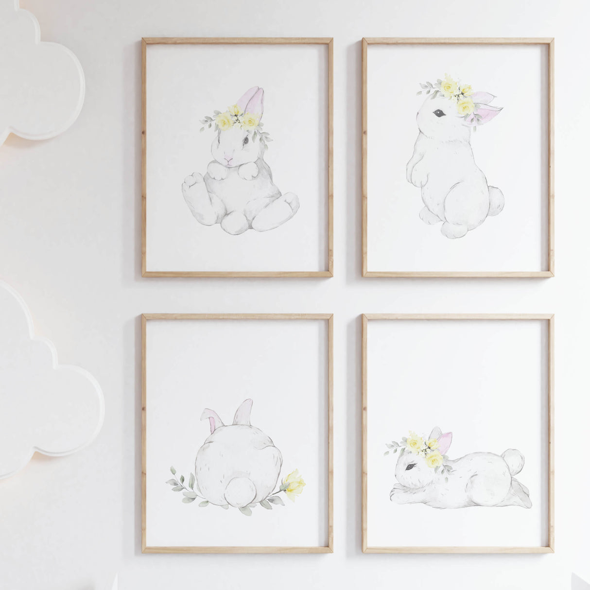Watercolor bunny print with bunny tail in white, gray, yellow colors for baby girls room decor, yellow gray nursery decor.
