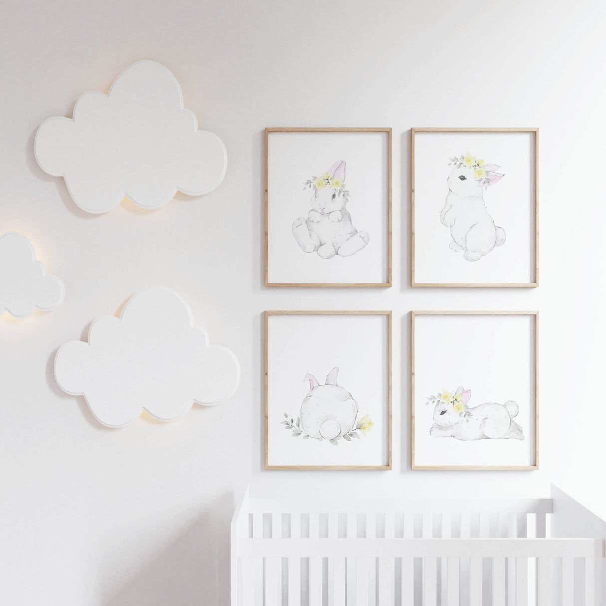 Watercolor bunny print with bunny tail in white, gray, yellow colors for baby girls room decor, yellow gray nursery decor.