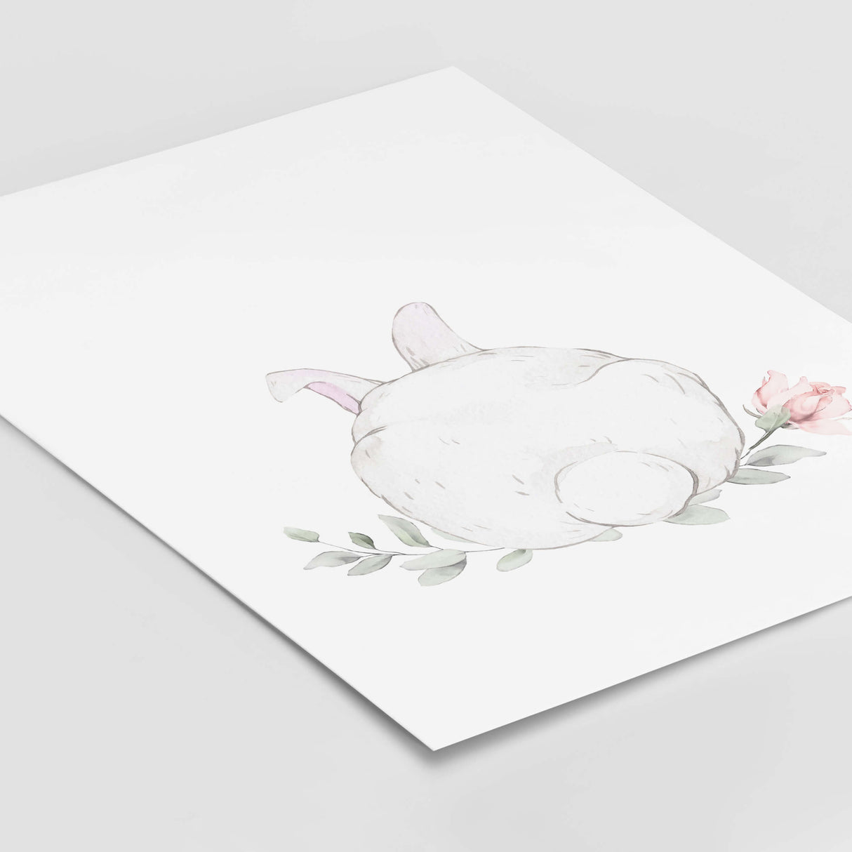 Watercolor bunny tail print with pink flower in white, gray, pink colors for baby girls room decor.