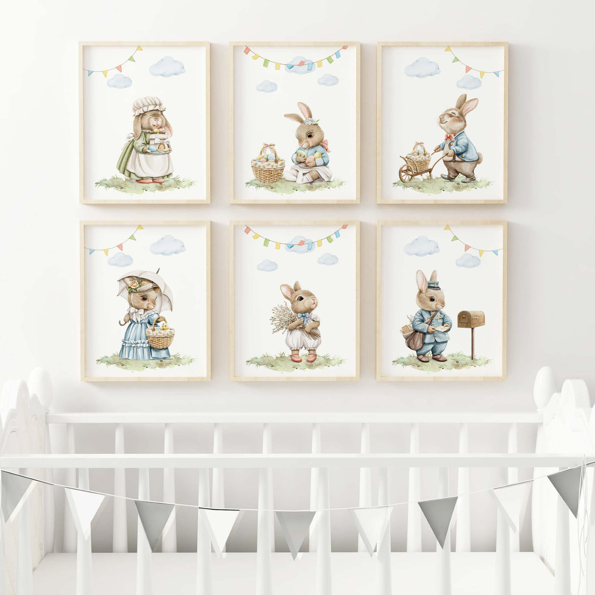 Watercolor easter nursery printable with vintage bunny for nursery easter decor, gender neutral nursery easter decor.