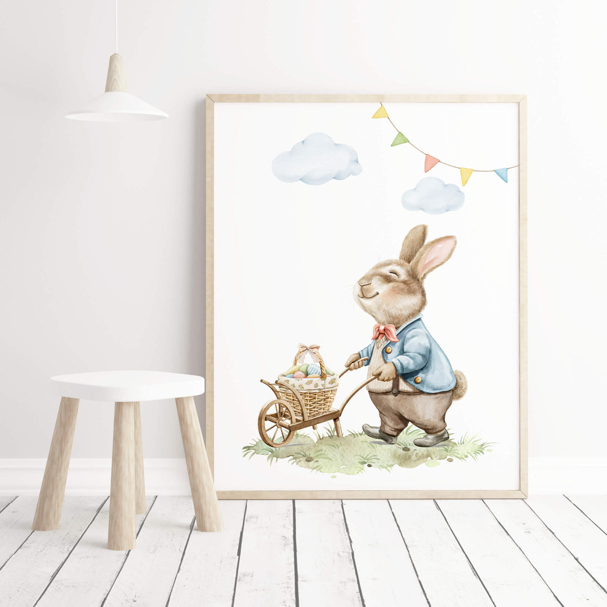 Watercolor easter nursery print with vintage bunny for nursery easter decor, gender neutral nursery easter decor.