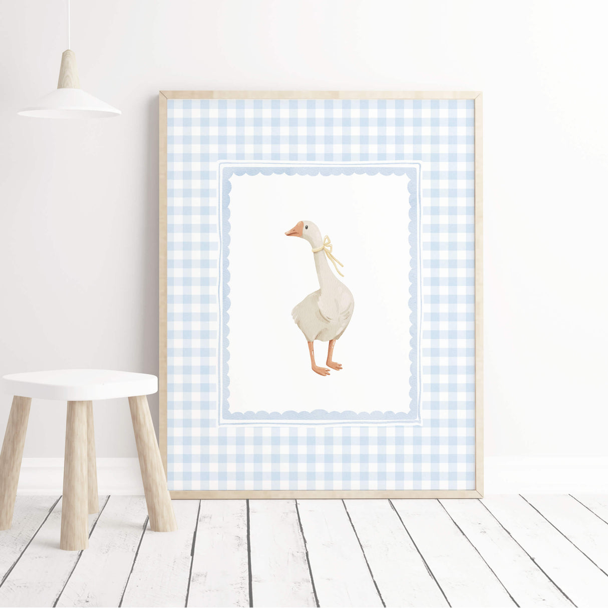 Light blue gingham goose nursery prints digital wall art