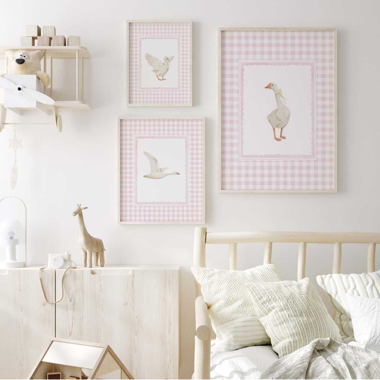 Girl nursery prints set with pink checkered background