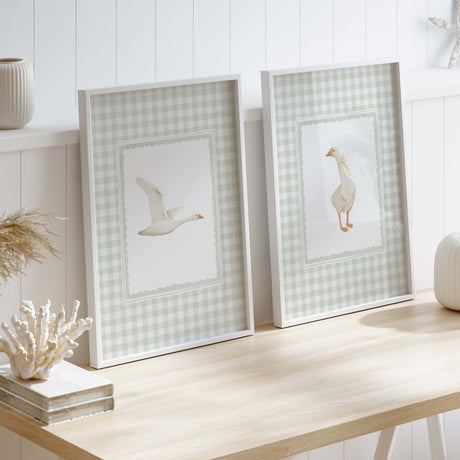 Scandinavian minimalist nursery art with geese and gingham