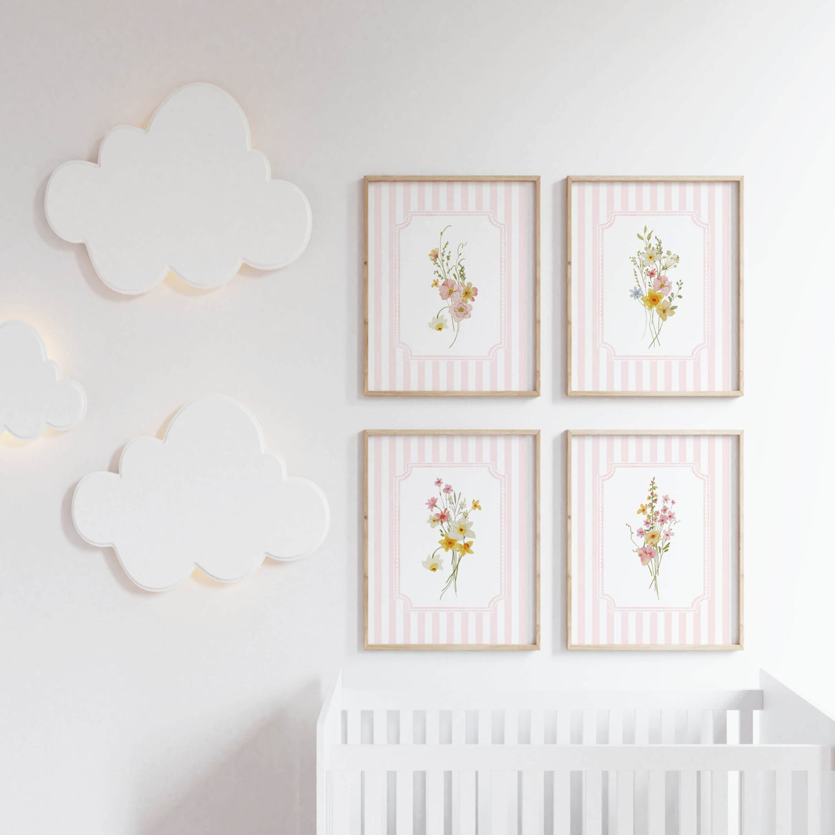 Wildflower floral pink striped wall art printable poster set girls room decor nursery printable bundle