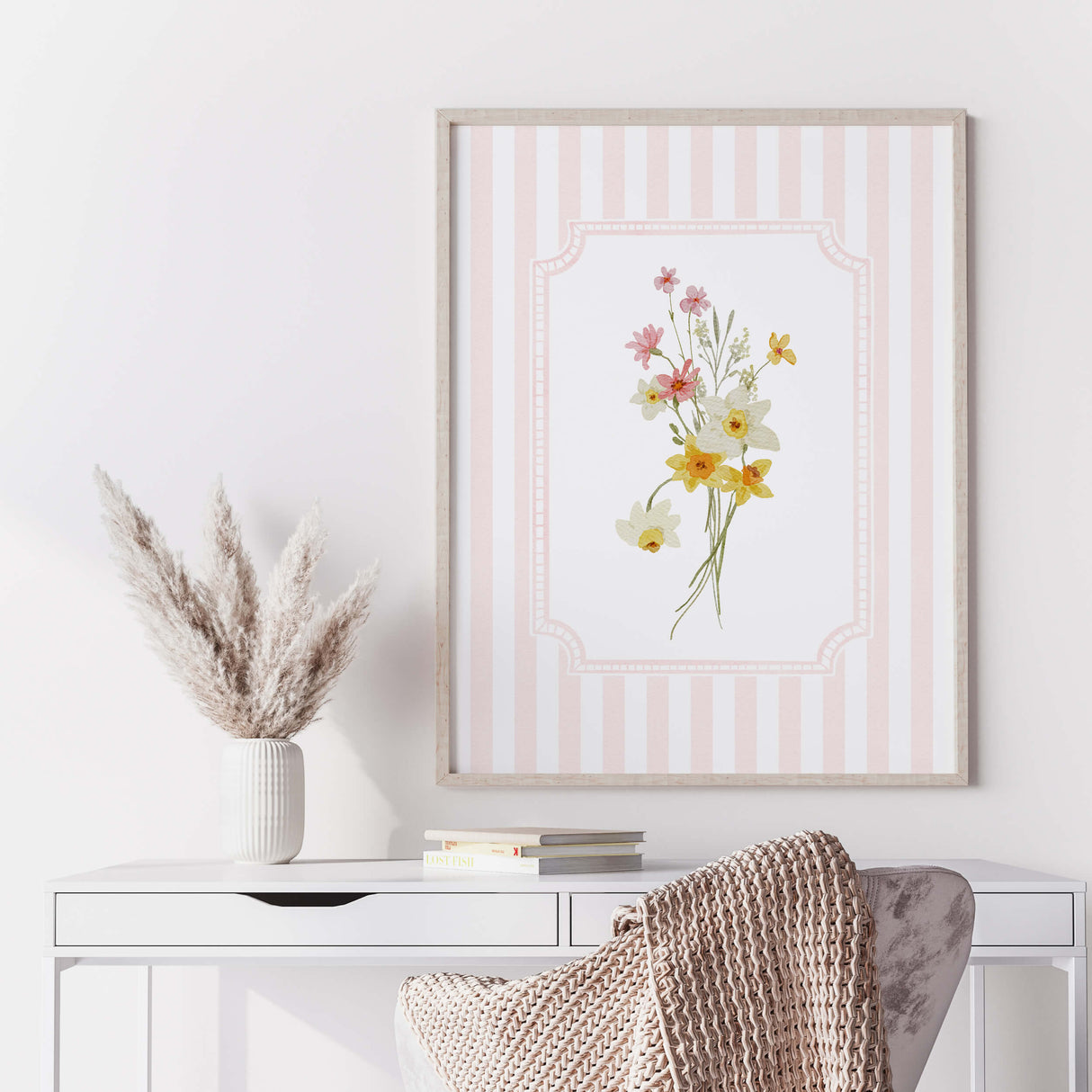 Wildflower floral pink striped wall art printable poster set girls room decor nursery printable bundle