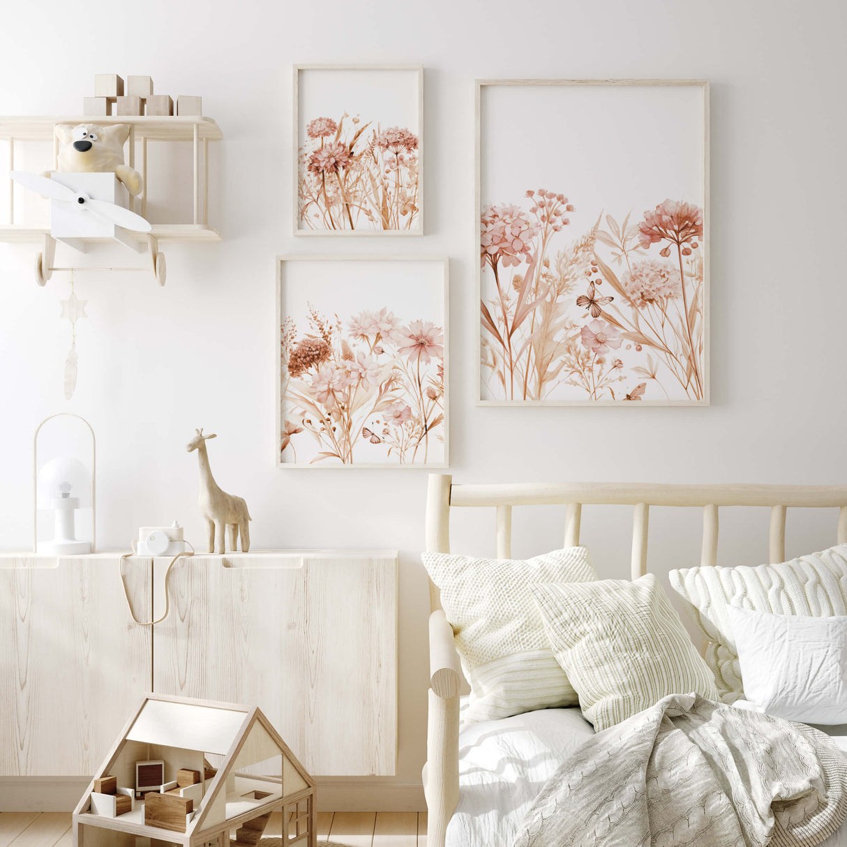 Set of 3 watercolor wildlfower in peach, orange, burgundy, pink colors for soft boho home decor.