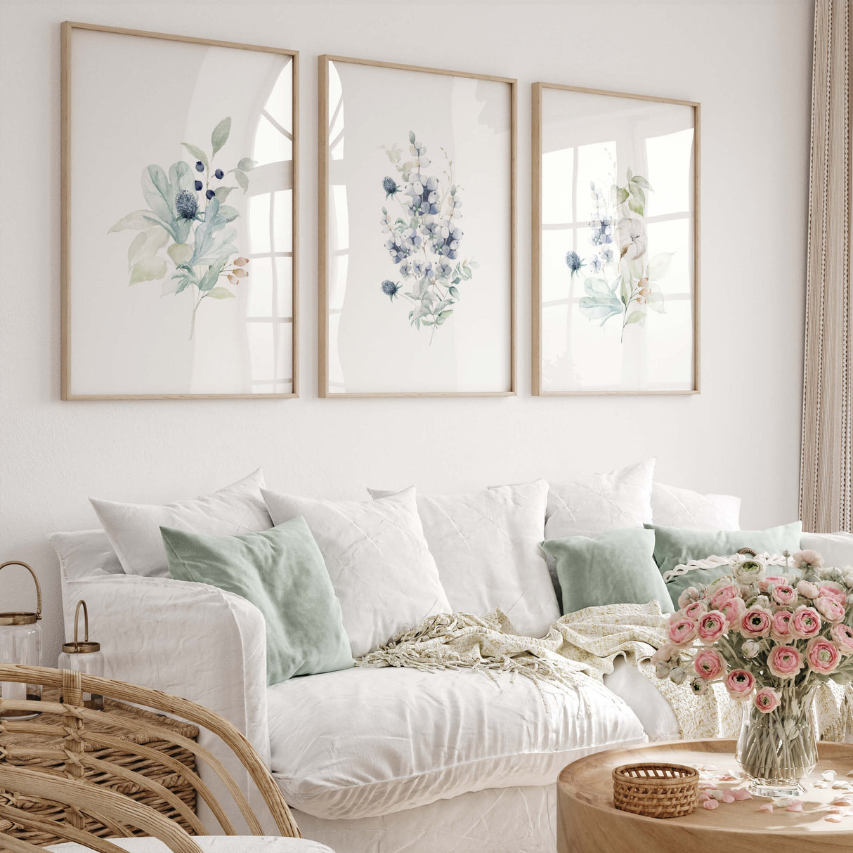 Watercolor winter flower printable in blue, mint, white colors for neutral home decor.