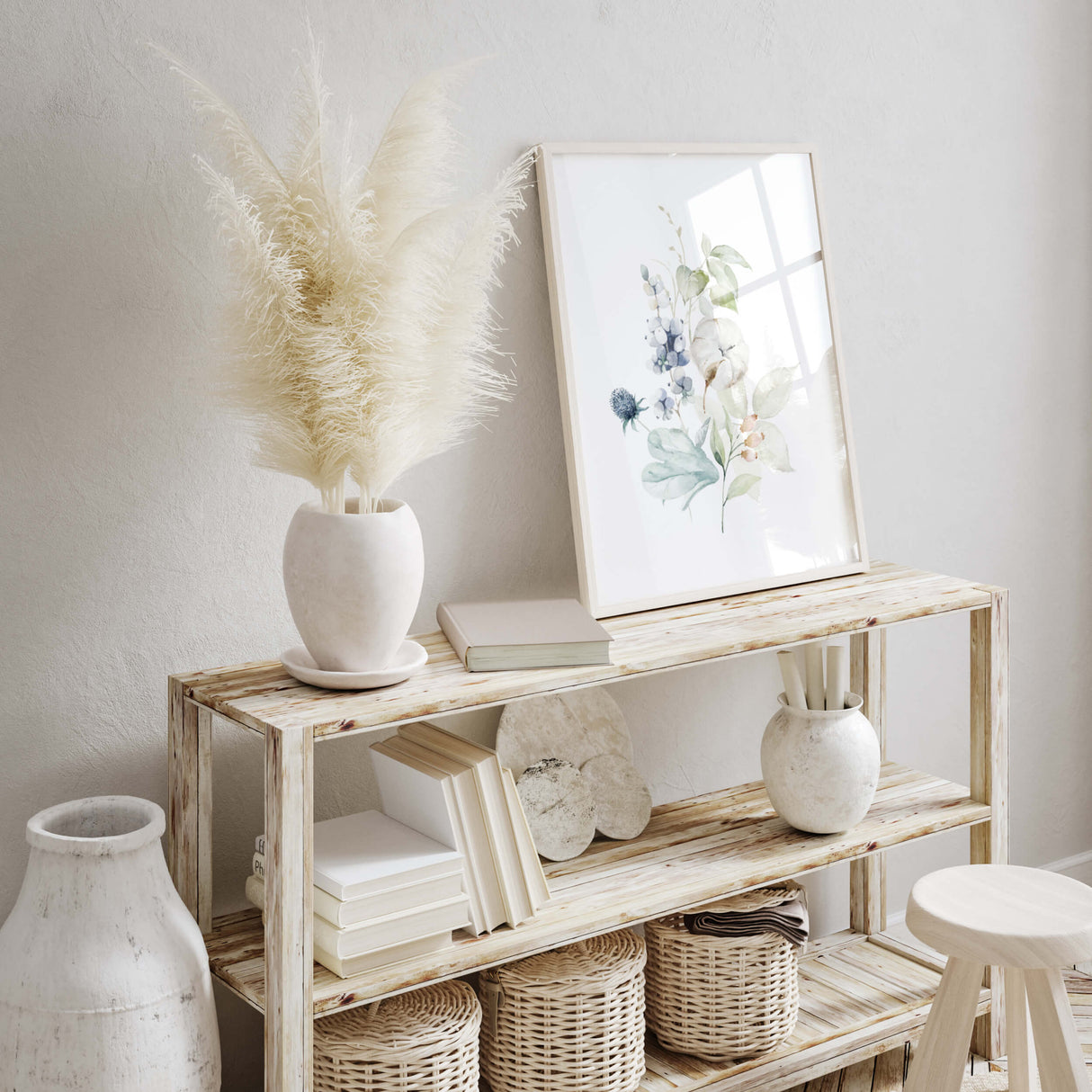 Watercolor winter flower print in blue, mint, white colors for neutral home decor.