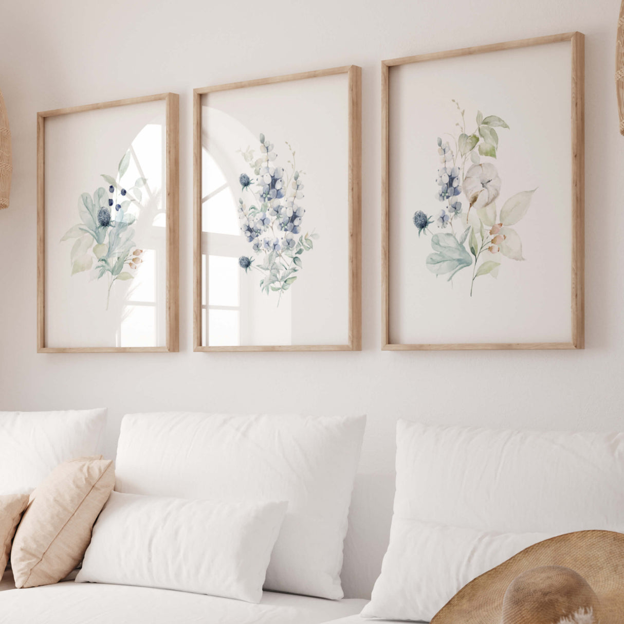 Watercolor winter flower print in blue, mint, white colors for neutral home decor.