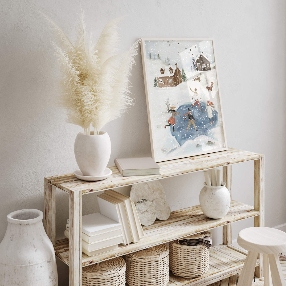 Watercolor winter landscape with ice skating printable for neutral christmas home decor.