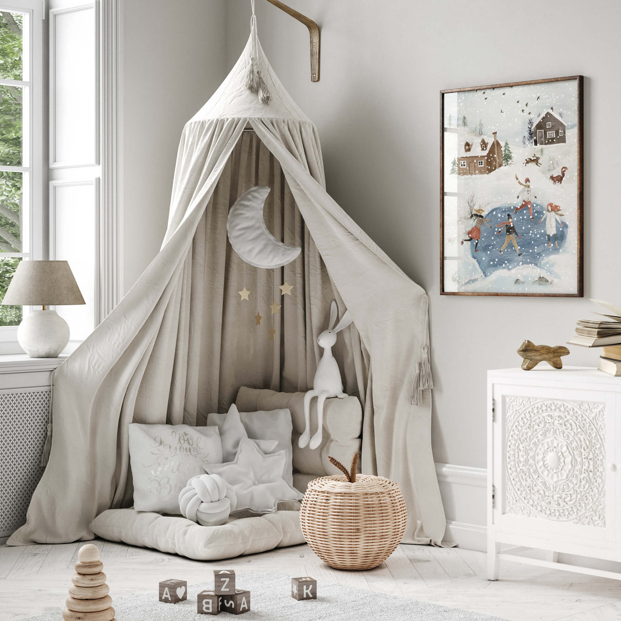 Watercolor winter landscape with ice skating poster for neutral christmas home decor.