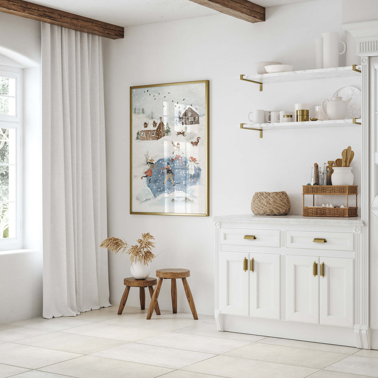 Watercolor winter landscape with ice skating print for neutral christmas home decor.