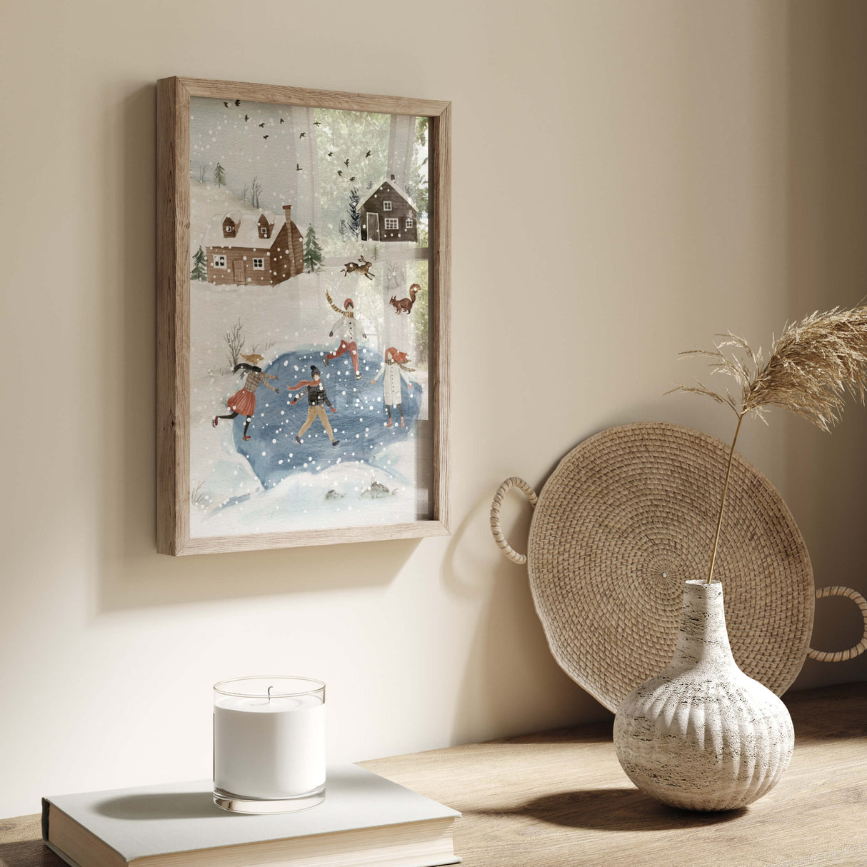 Watercolor winter landscape with ice skating print for neutral christmas home decor.