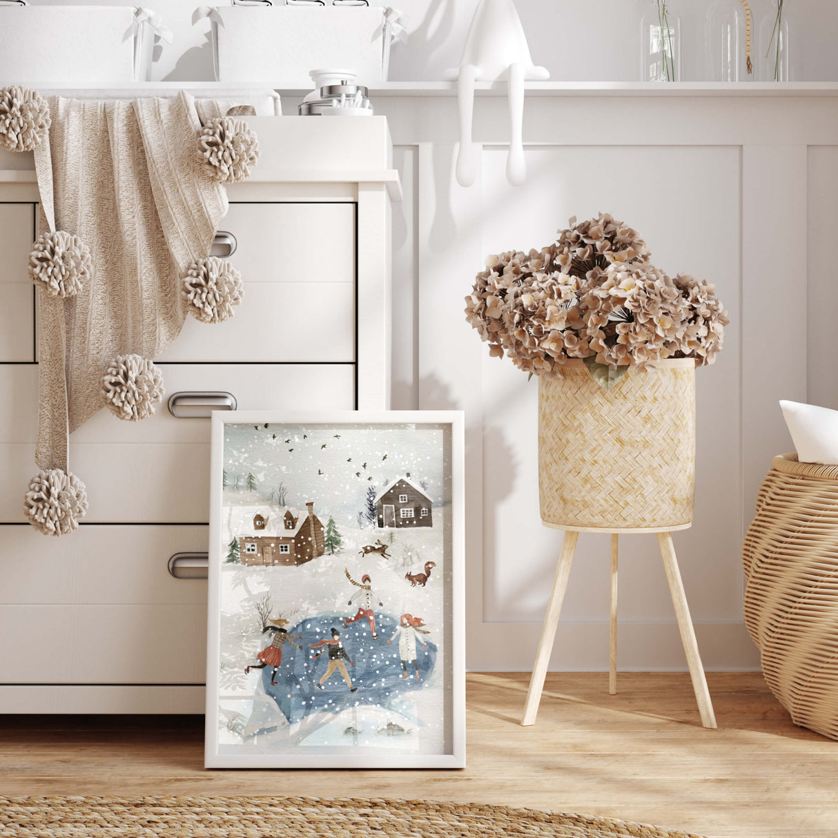 Watercolor winter landscape with ice skating print for neutral christmas home decor.