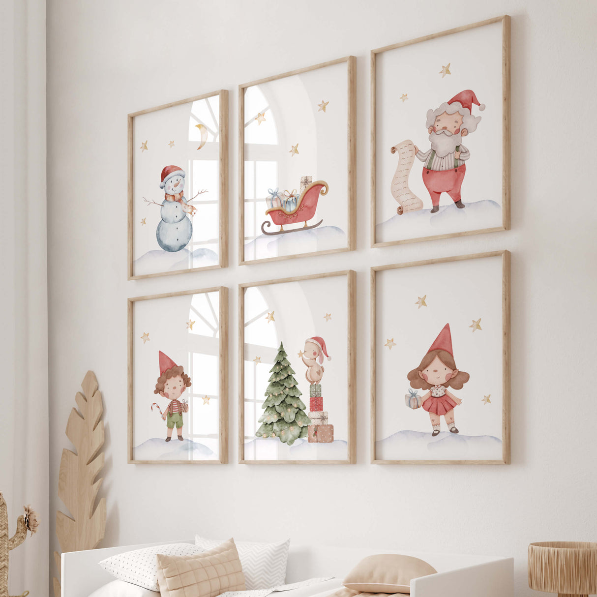 Set of 6 watercolor christmas nursery print for winter nursery decor.