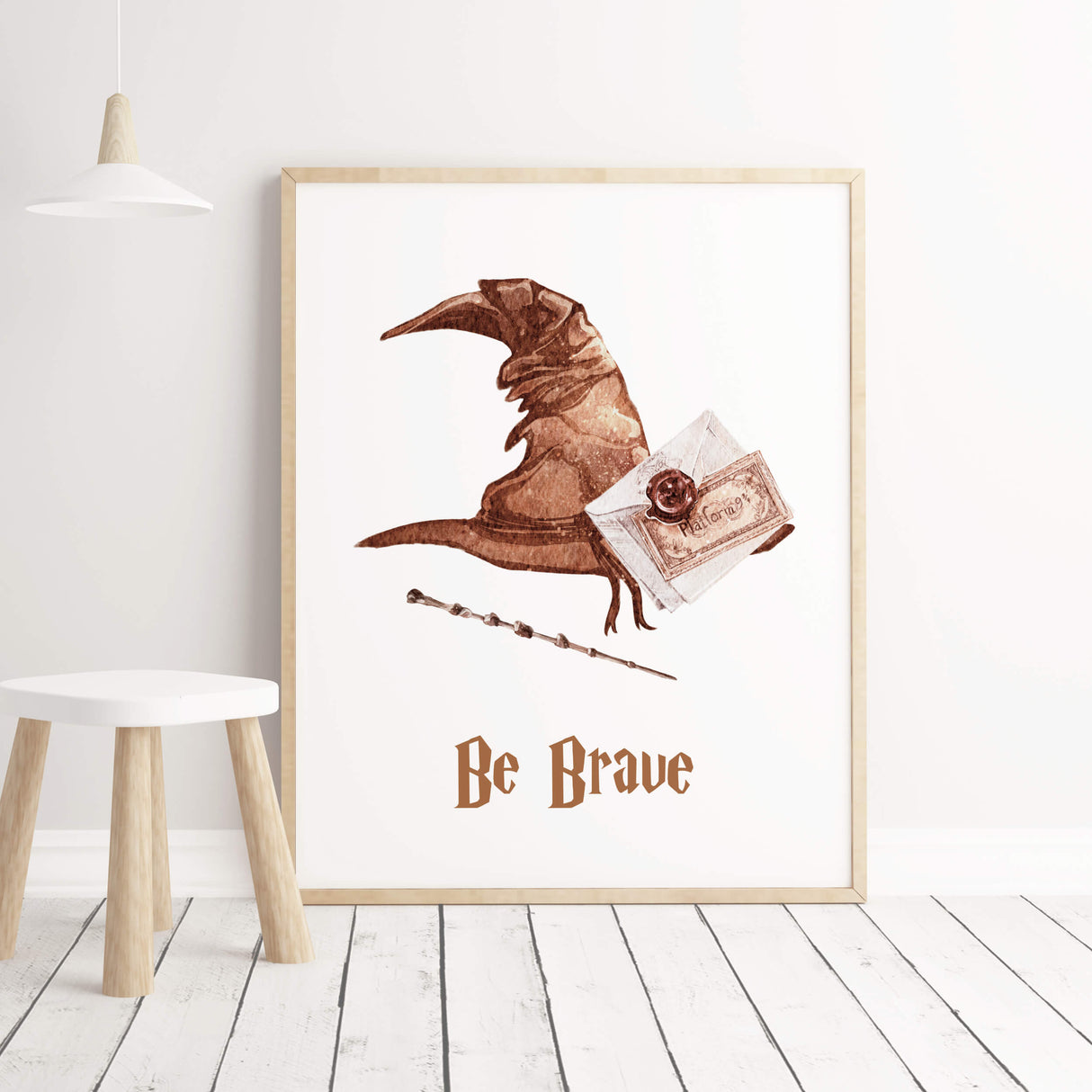 Watercolor wizard print with be brave inspirational quote for neutral kids room decor.