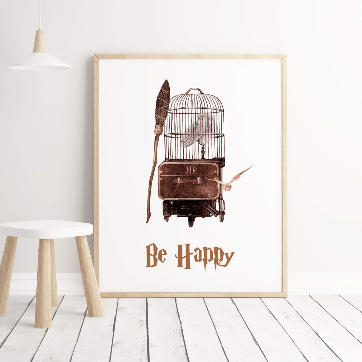 Watercolor wizard print with be happy inspirational quote for neutral kids room decor.