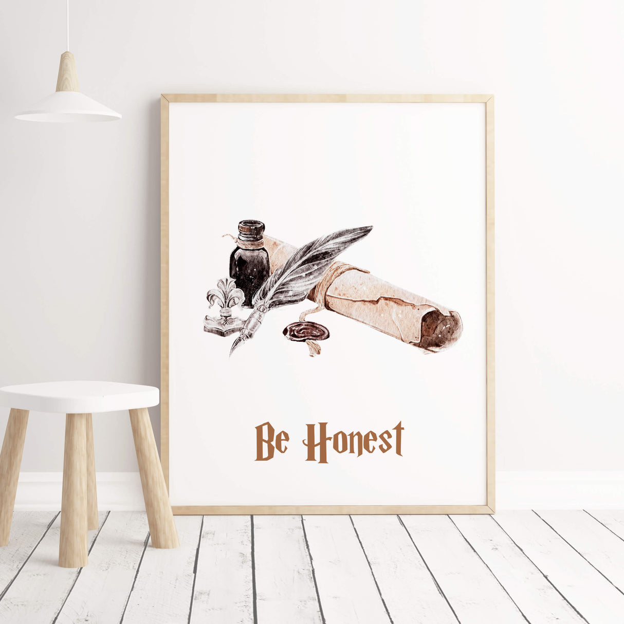 Watercolor wizard print with be honest inspirational quote for neutral kids room decor.