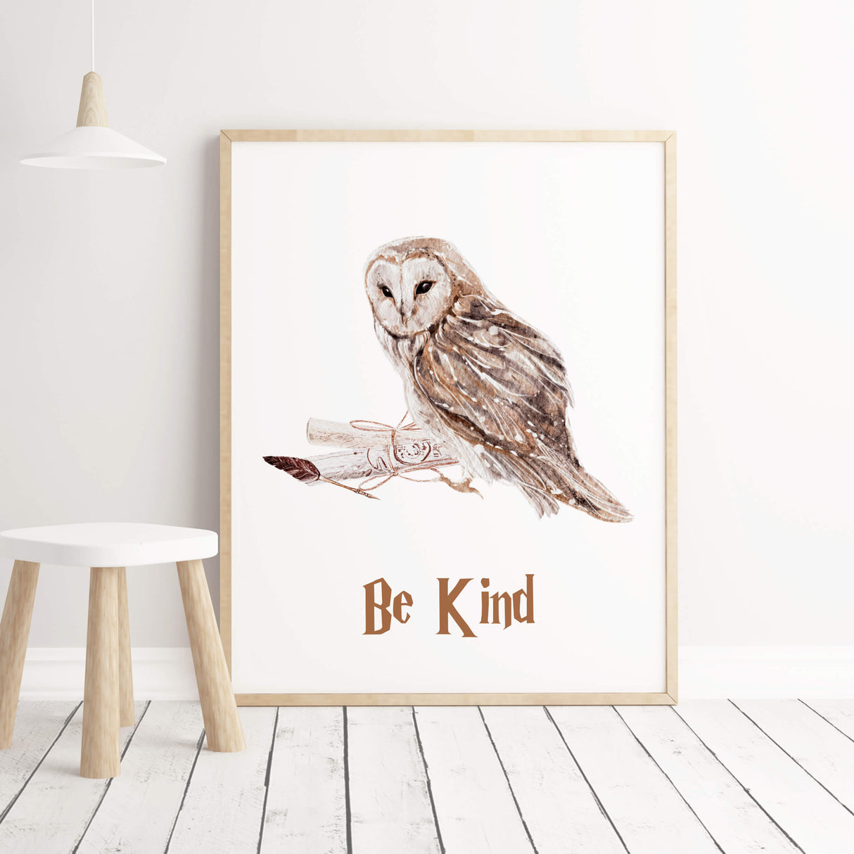 Watercolor wizard print with be kind inspirational quote for neutral kids room decor.