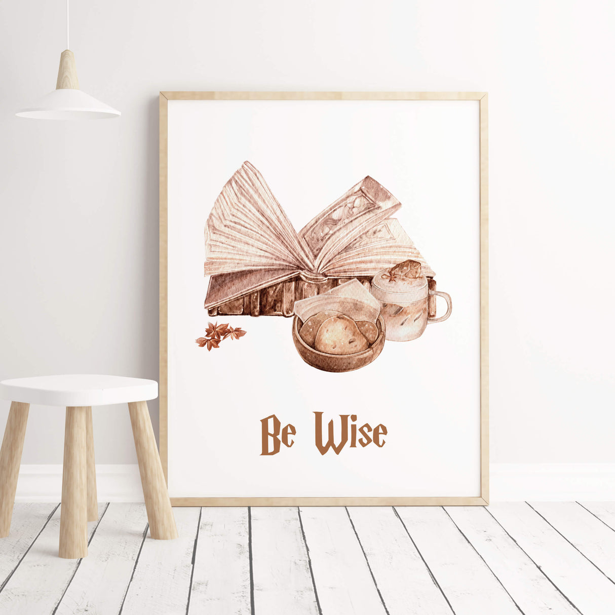 Watercolor wizard print with be wise inspirational quote for neutral kids room decor.